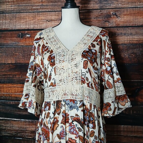 Cato Peasant Dress 14 16 W Boho Rayon Crochet Flared Half Bell Sleeve Midi - Picture 4 of 9